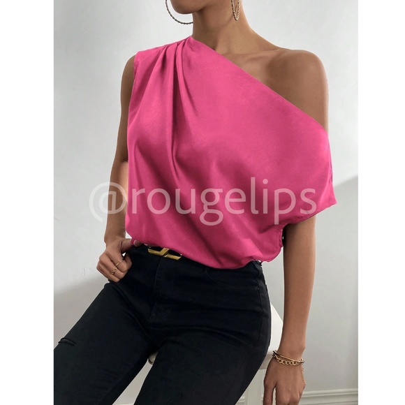 Hot Pink Satin Draped Asymmetrical Blouse Top Off One Shoulder - Picture 6 of 8